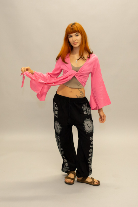 Crop Top Boho din Bumbac cu Mâneci Largi și Prindere în Față - Alb [3]