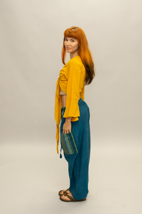 Crop Top Boho din Bumbac cu Mâneci Largi și Prindere în Față - Alb [2]