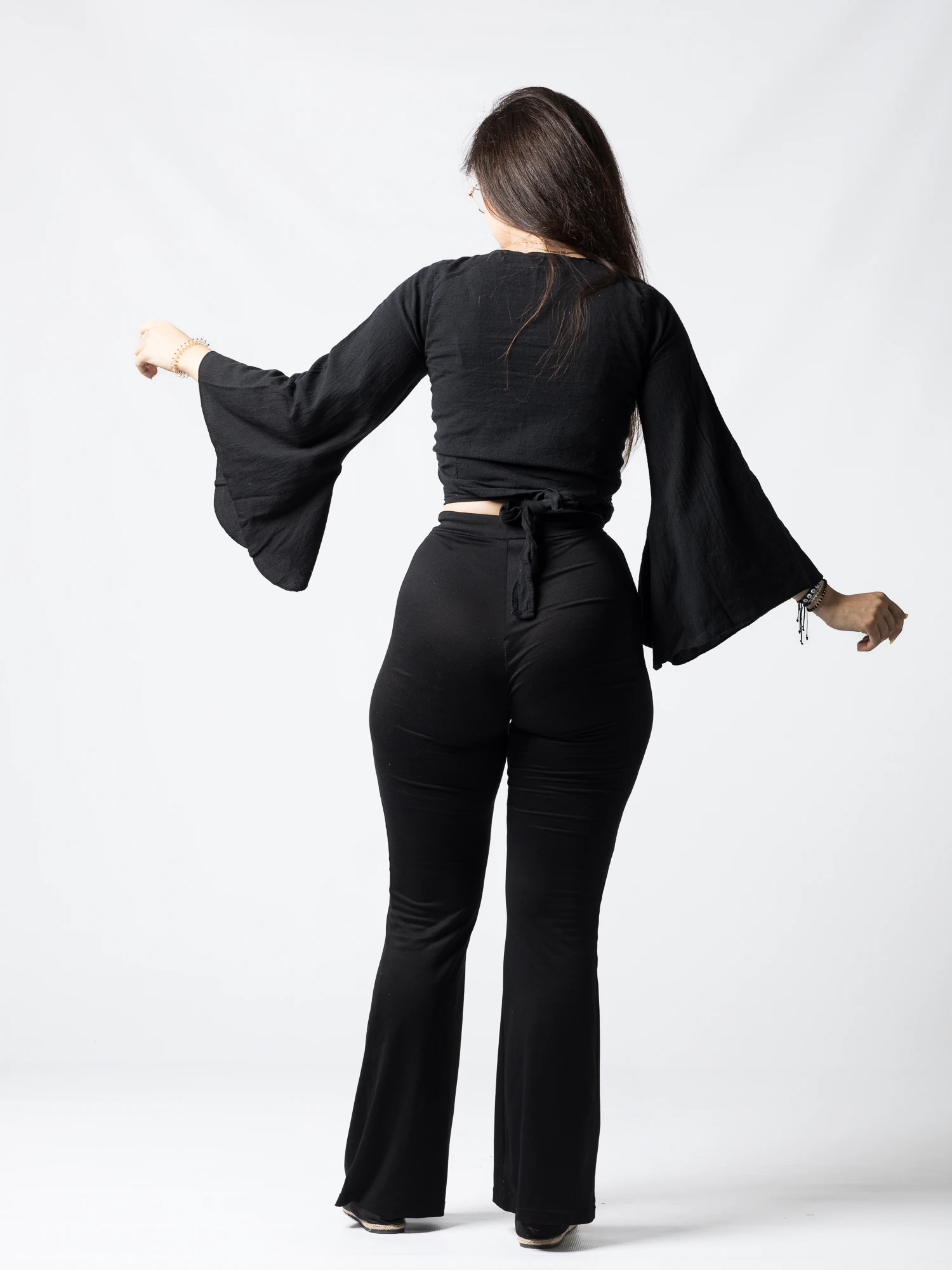 Crop Top Boho din Bumbac cu Mâneci Largi și Prindere în Față - Alb [3]