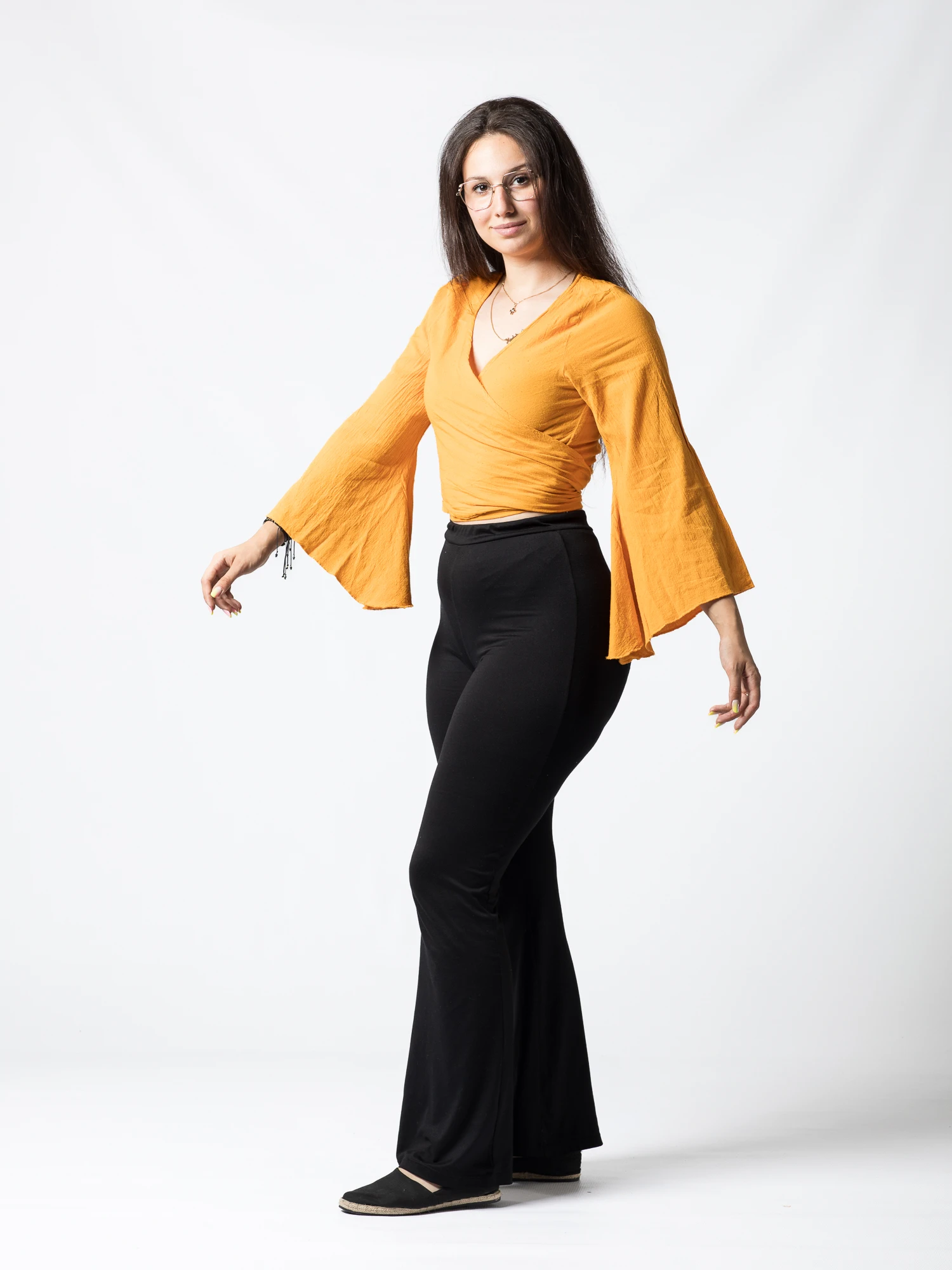 Crop Top Boho din Bumbac cu Mâneci Largi și Prindere în Față - Alb [3]