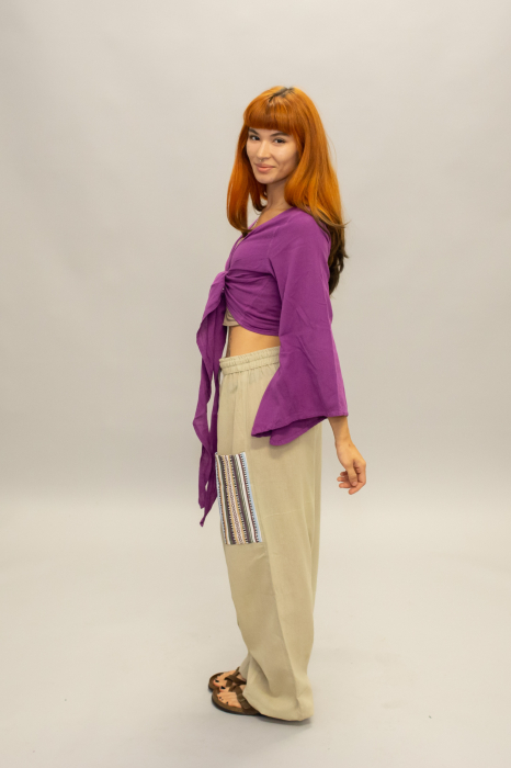Crop Top Boho din Bumbac cu Mâneci Largi și Prindere în Față - Alb [3]