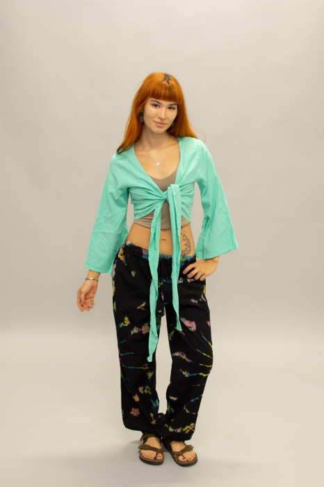 Crop Top Boho din Bumbac cu Mâneci Largi și Prindere în Față - Alb [2]
