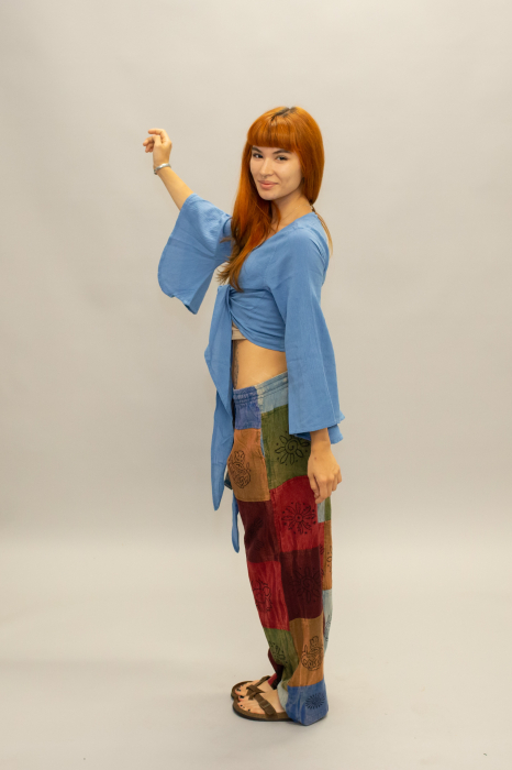 Crop Top Boho din Bumbac cu Mâneci Largi și Prindere în Față - Alb [3]