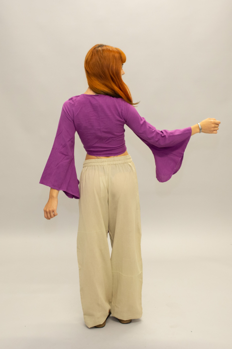 Crop Top Boho din Bumbac cu Mâneci Largi și Prindere în Față - Alb [4]