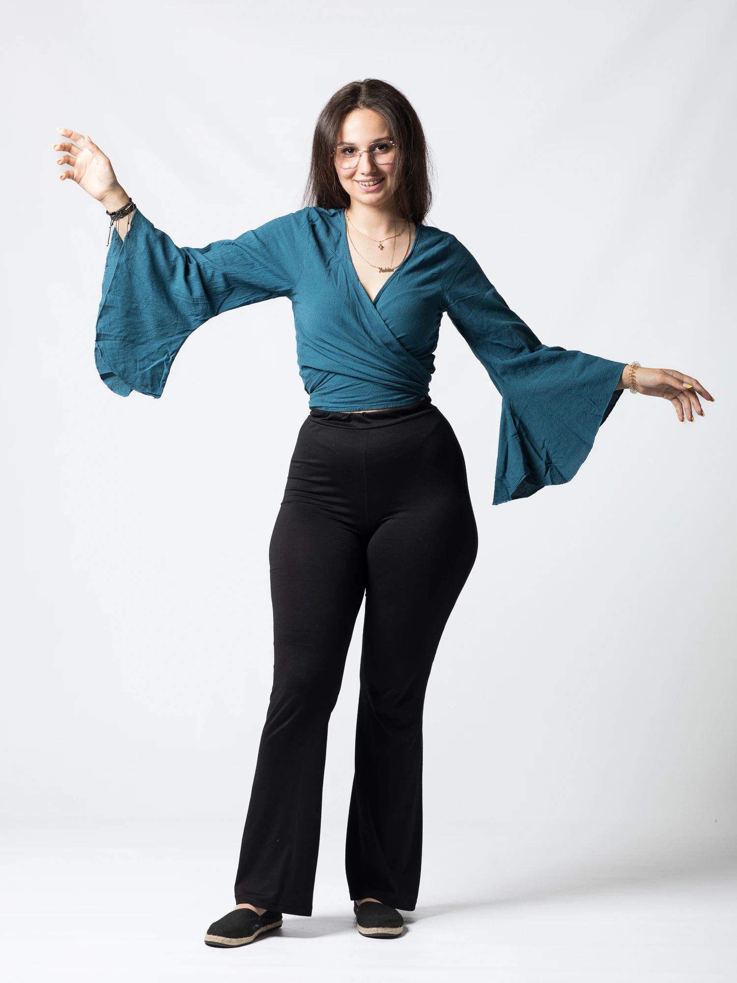 Crop Top Boho din Bumbac cu Mâneci Largi și Prindere în Față - Alb [5]