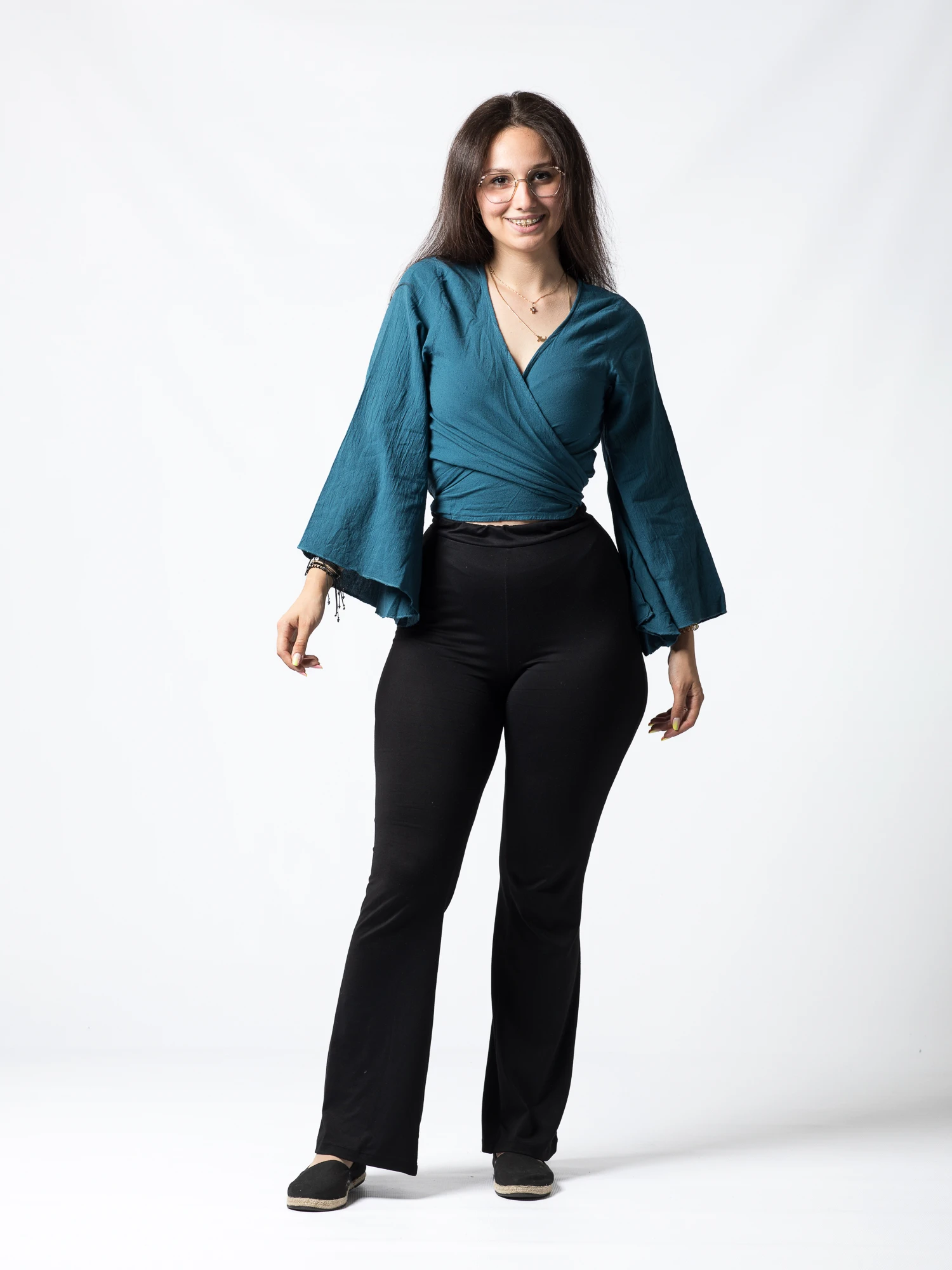 Crop Top Boho din Bumbac cu Mâneci Largi și Prindere în Față - Alb [2]