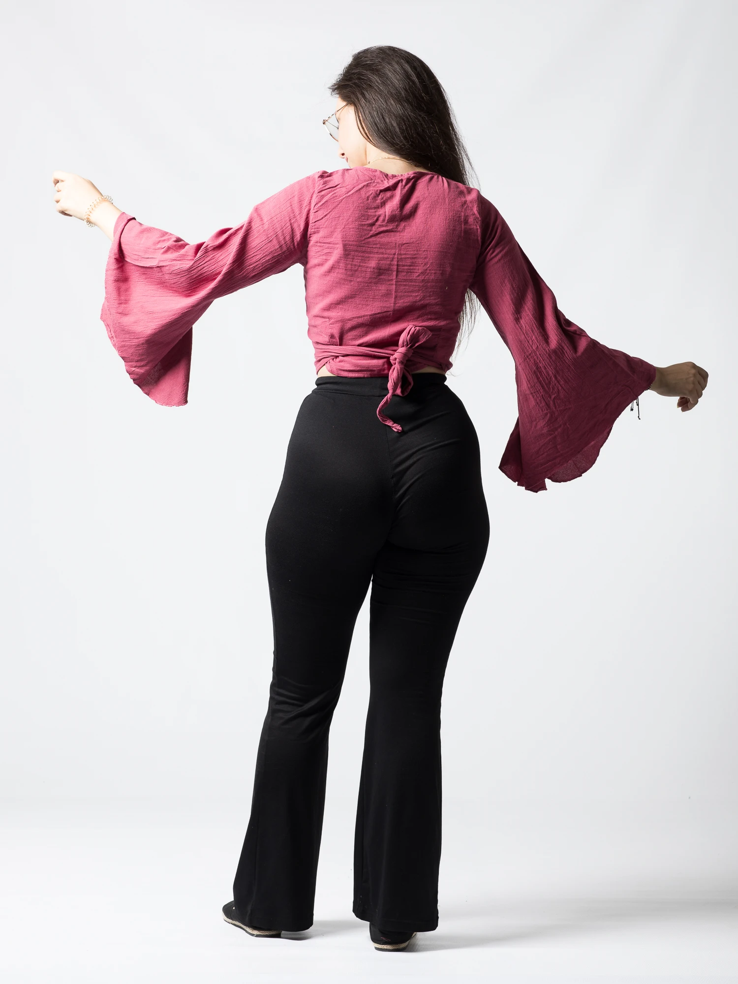 Crop Top Boho din Bumbac cu Mâneci Largi și Prindere în Față - Alb [5]