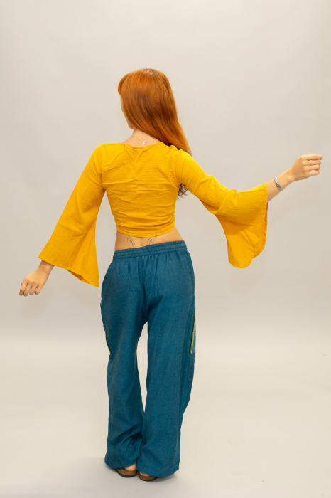 Crop Top Boho din Bumbac cu Mâneci Largi și Prindere în Față - Alb [3]