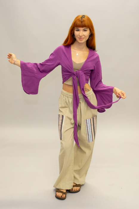 Crop Top Boho din Bumbac cu Mâneci Largi și Prindere în Față - Alb [2]