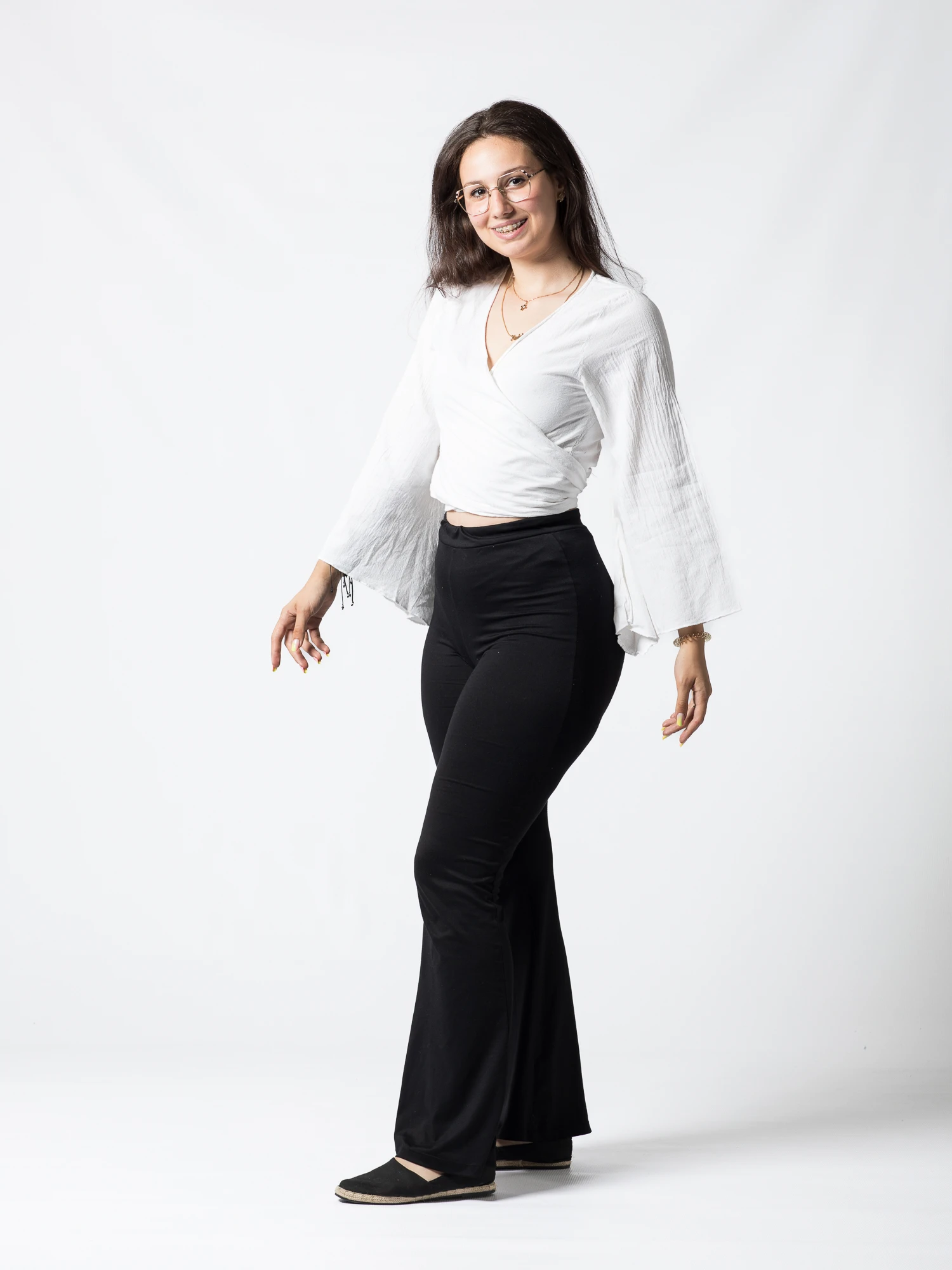 Crop Top Boho din Bumbac cu Mâneci Largi și Prindere în Față - Alb [3]