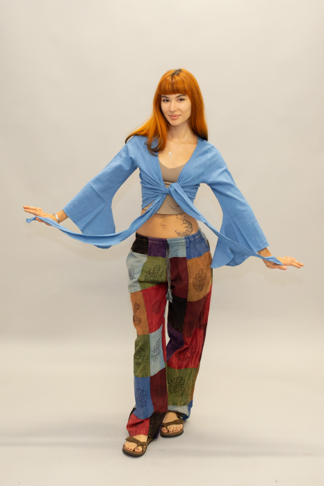 Crop Top Boho din Bumbac cu Mâneci Largi și Prindere în Față - Alb [2]