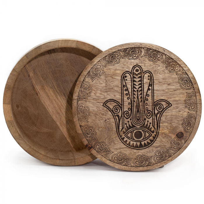 Cutie rotunda de depozitare din lemn gravata - Hamsa (17.5x7.5cm) [1]