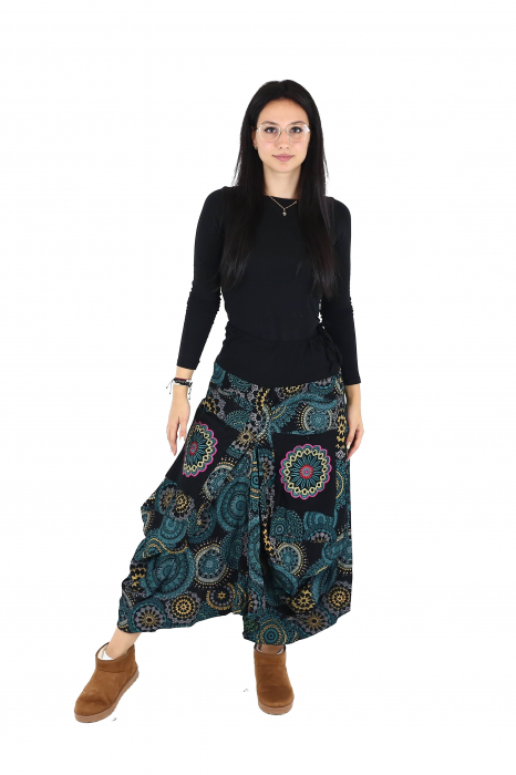 Fusta asimetrica din bumbac cu print floral - Albastru [2]