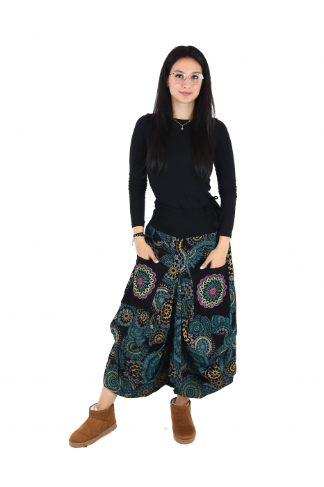 Fusta asimetrica din bumbac cu print floral - Albastru [3]