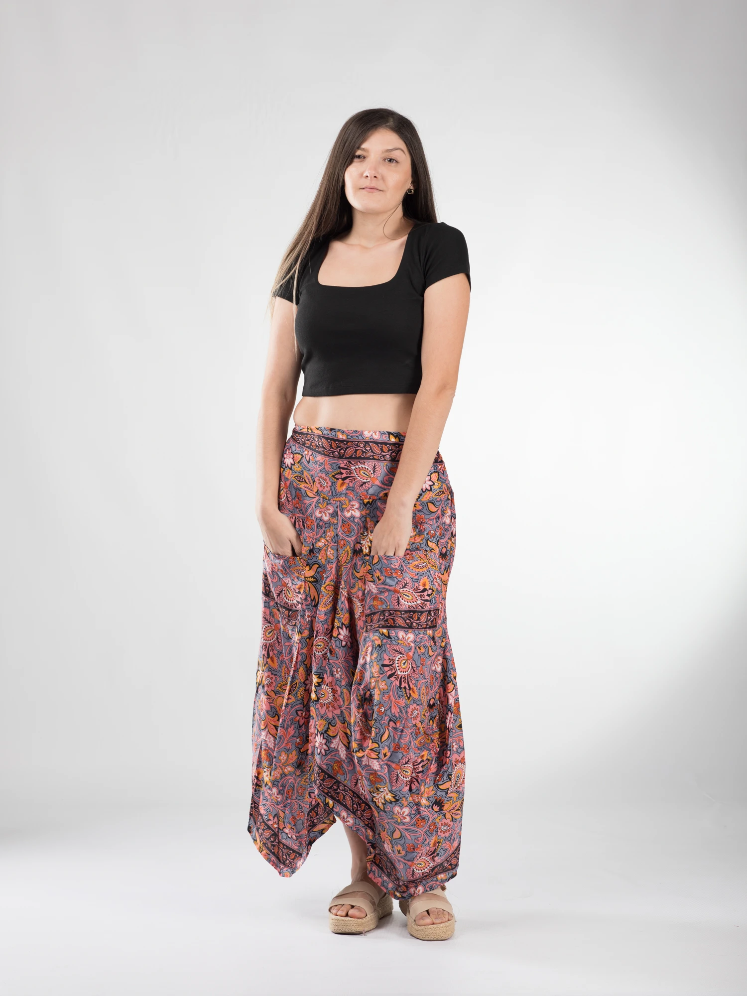 Fusta asimetrica din material fluid cu print floral - Model 74 [2]