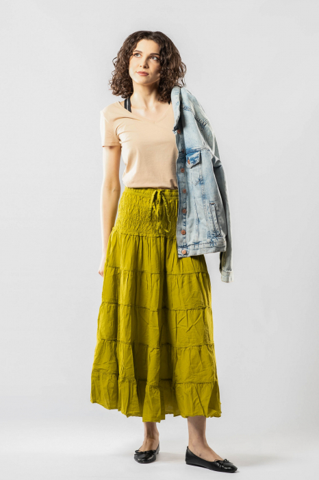 Fustă Boho Midi cu Bandă Lată și Elastică în Talie - Lime [4]