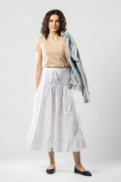 Fustă Boho Midi cu Bandă Lată și Elastică în Talie - Alb [6]