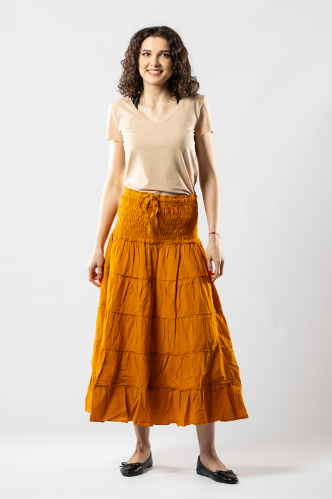 Fustă Boho Midi cu Bandă Lată și Elastică în Talie - Muștar [2]