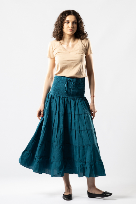 Fustă Boho Midi cu Bandă Lată și Elastică în Talie - Teal [6]