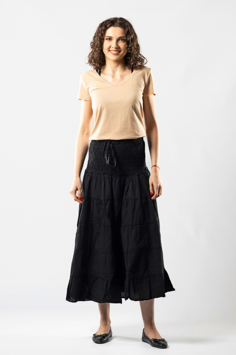 Fustă Boho Midi cu Bandă Lată și Elastică în Talie - Negru [2]