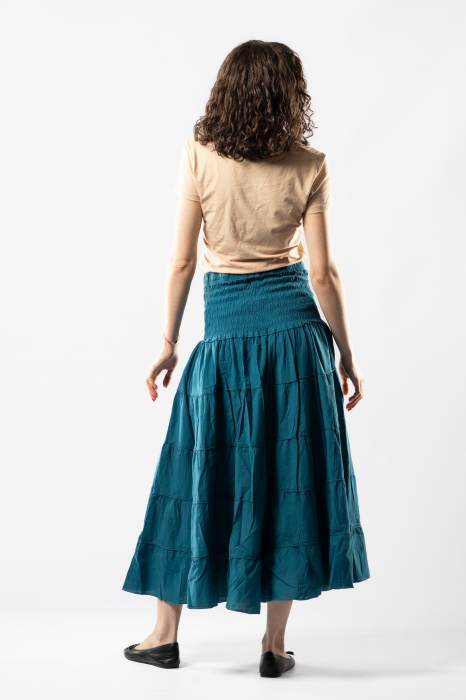 Fustă Boho Midi cu Bandă Lată și Elastică în Talie - Teal [4]