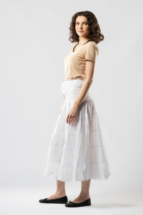 Fustă Boho Midi cu Bandă Lată și Elastică în Talie - Alb [3]