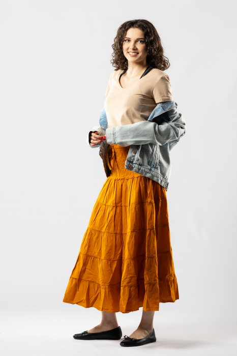 Fustă Boho Midi cu Bandă Lată și Elastică în Talie - Muștar [4]