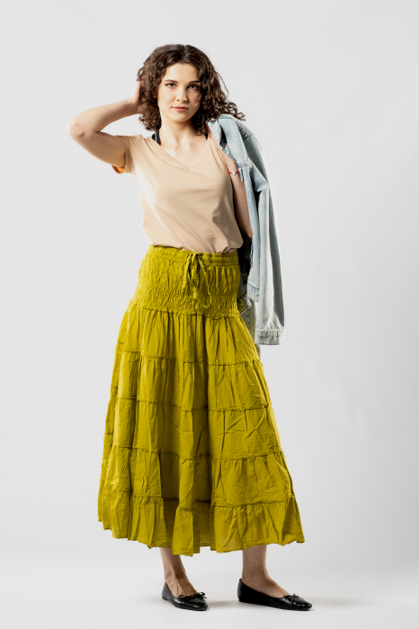 Fustă Boho Midi cu Bandă Lată și Elastică în Talie - Lime [5]