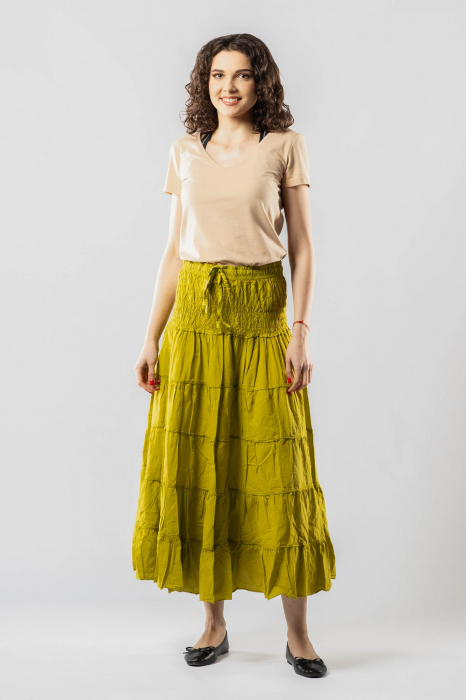 Fustă Boho Midi cu Bandă Lată și Elastică în Talie - Lime [2]