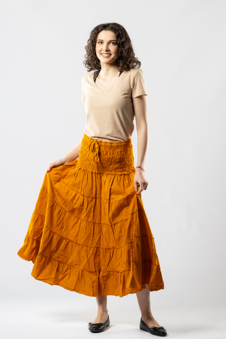 Fustă Boho Midi cu Bandă Lată și Elastică în Talie - Muștar [6]