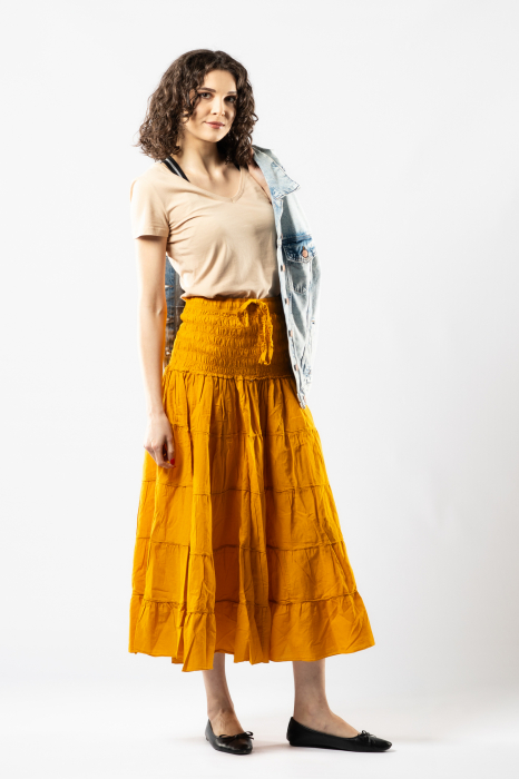 Fustă Boho Midi cu Bandă Lată și Elastică în Talie - Galben [3]