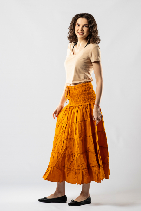 Fustă Boho Midi cu Bandă Lată și Elastică în Talie - Muștar [3]