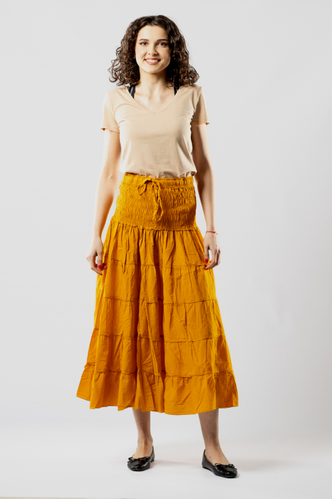 Fustă Boho Midi cu Bandă Lată și Elastică în Talie - Galben [2]