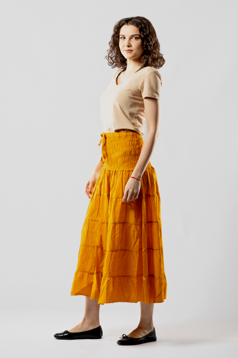 Fustă Boho Midi cu Bandă Lată și Elastică în Talie - Galben [4]
