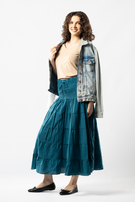 Fustă Boho Midi cu Bandă Lată și Elastică în Talie - Teal [5]