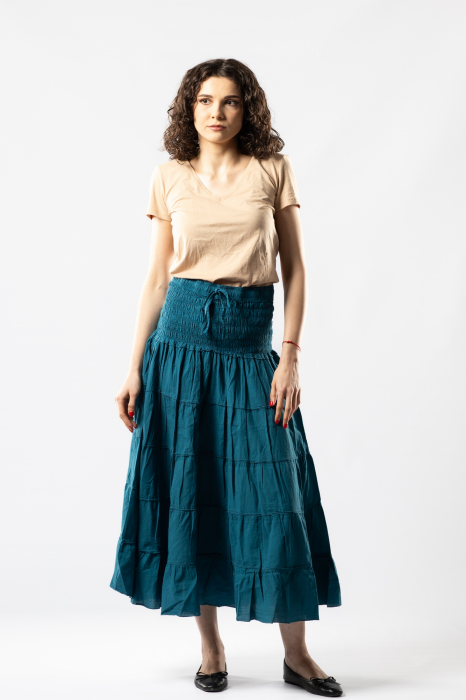 Fustă Boho Midi cu Bandă Lată și Elastică în Talie - Teal [2]