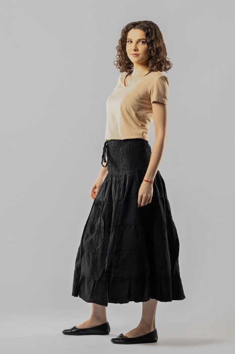 Fustă Boho Midi cu Bandă Lată și Elastică în Talie - Negru [3]