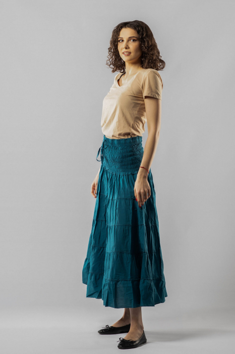 Fustă Boho Midi cu Bandă Lată și Elastică în Talie - Teal [3]