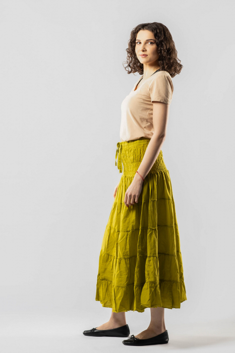 Fustă Boho Midi cu Bandă Lată și Elastică în Talie - Lime [3]