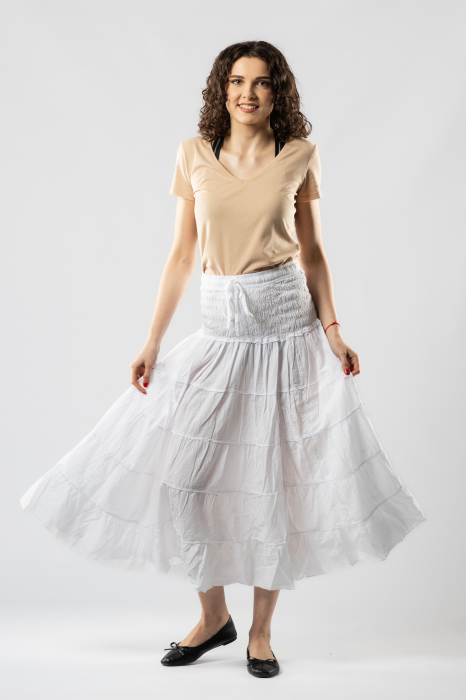 Fustă Boho Midi cu Bandă Lată și Elastică în Talie - Alb [5]