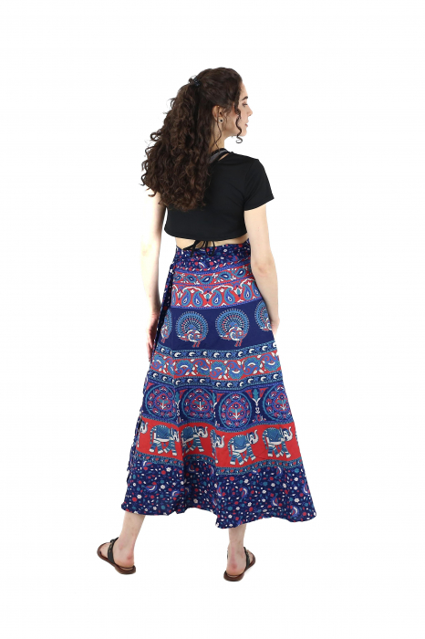 Fusta din bumbac cu croi wrap si motive hinduse - Albastru [4]