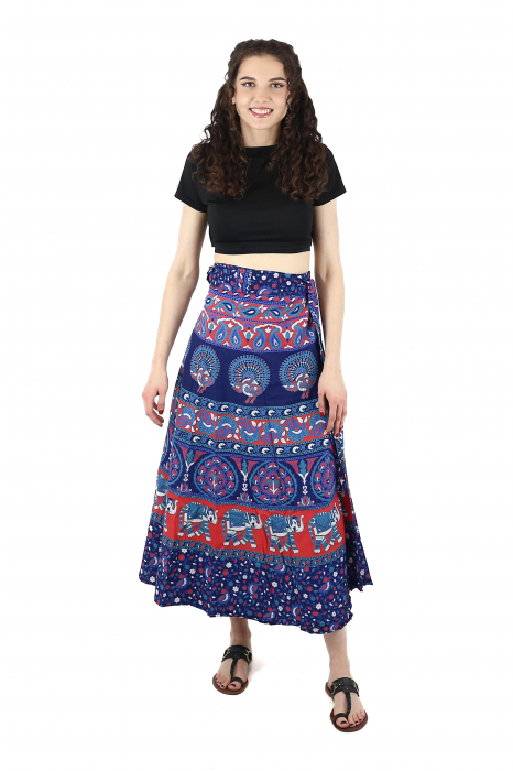 Fusta din bumbac cu croi wrap si motive hinduse - Albastru [2]