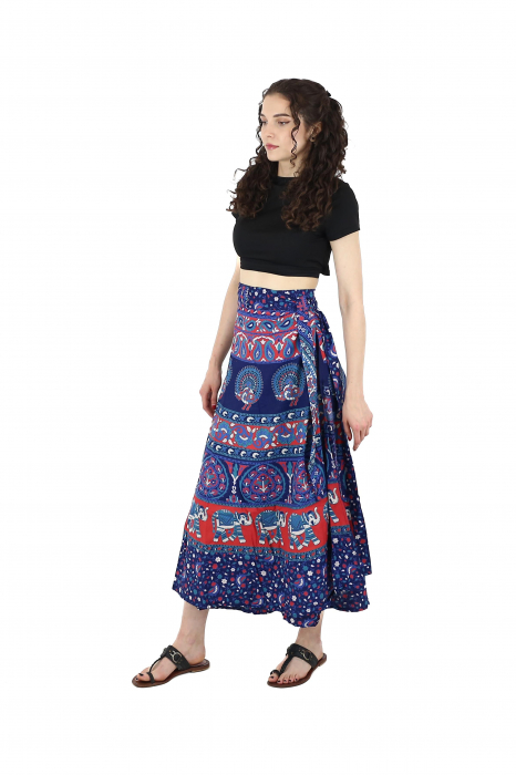 Fusta din bumbac cu croi wrap si motive hinduse - Albastru [3]