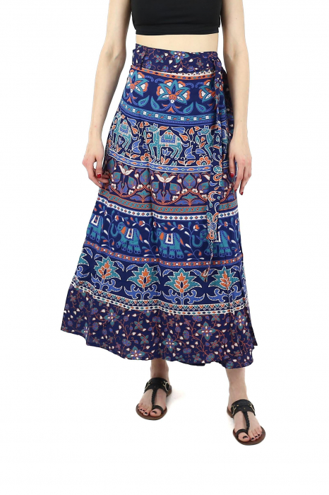 Fusta din bumbac cu croi wrap si motive florale orientale - Albastru [1]