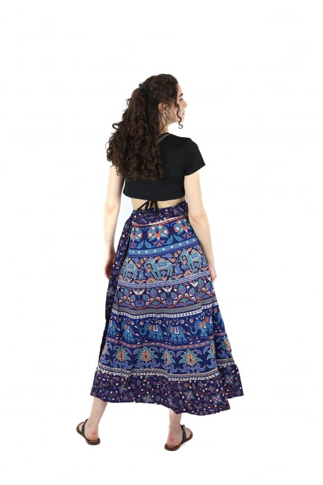 Fusta din bumbac cu croi wrap si motive florale orientale - Albastru [4]