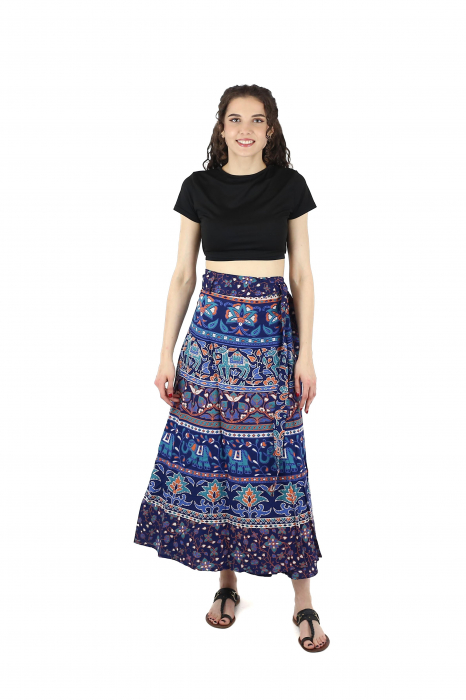 Fusta din bumbac cu croi wrap si motive florale orientale - Albastru [2]