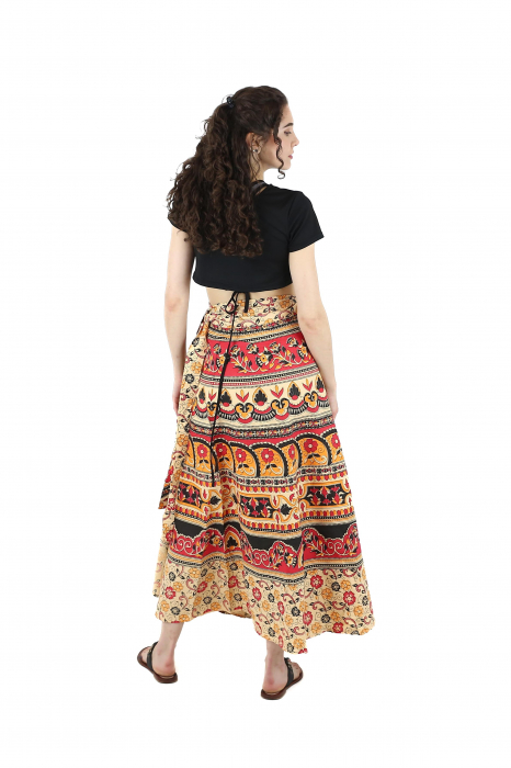 Fusta din bumbac cu croi wrap si motive florale orientale - Portocaliu [4]