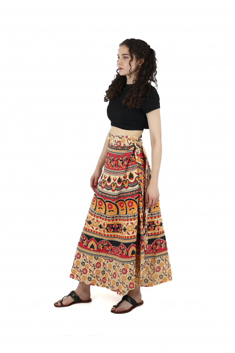 Fusta din bumbac cu croi wrap si motive florale orientale - Portocaliu [3]