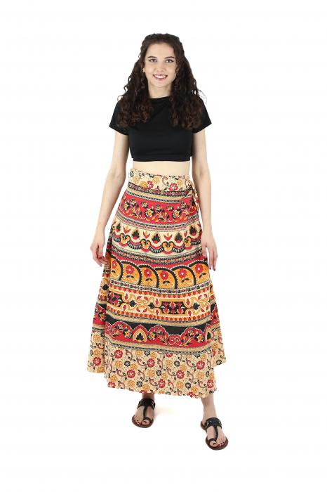 Fusta din bumbac cu croi wrap si motive florale orientale - Portocaliu [2]