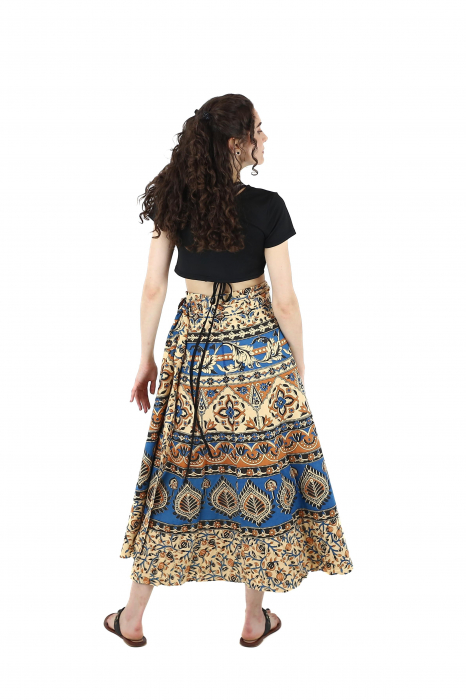 Fusta din bumbac cu croi wrap si motive florale orientale - Crem [4]